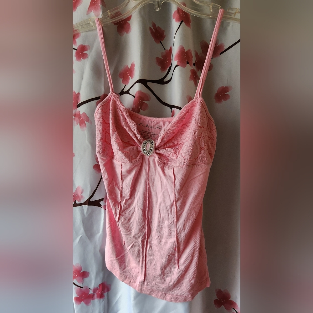 Yuka Women's Pink Rhinestone Bead Lace Floral Cami Tank Size Small